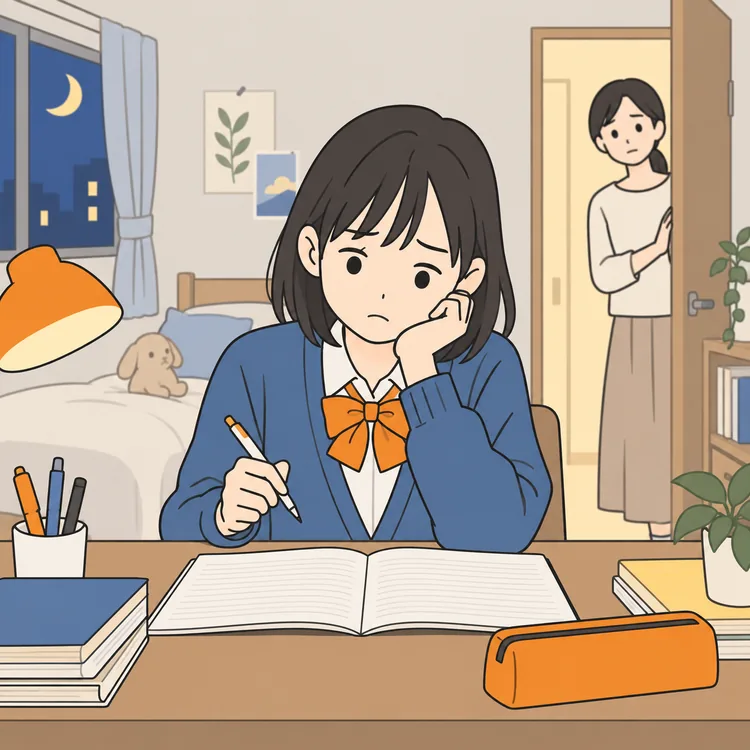 夜の机で手が止まっている高校生と、それを気にかける保護者